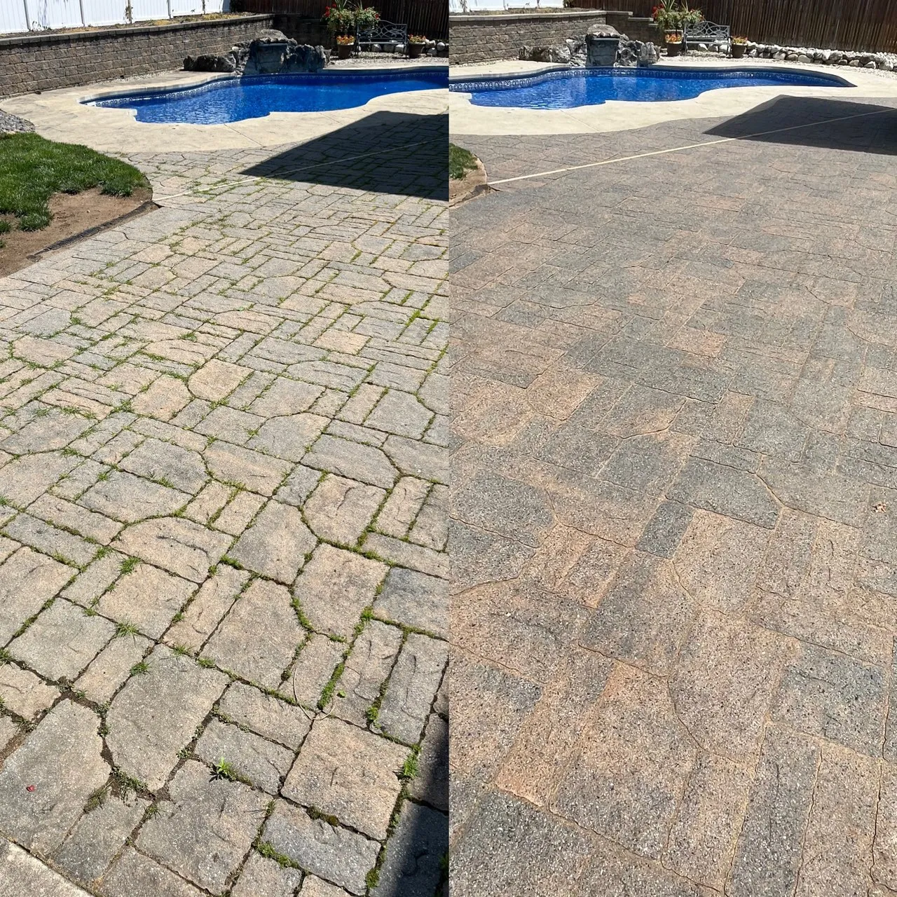 Pool area paver cleaning before and after — weedy and cracked pool pavers cleaned and restored