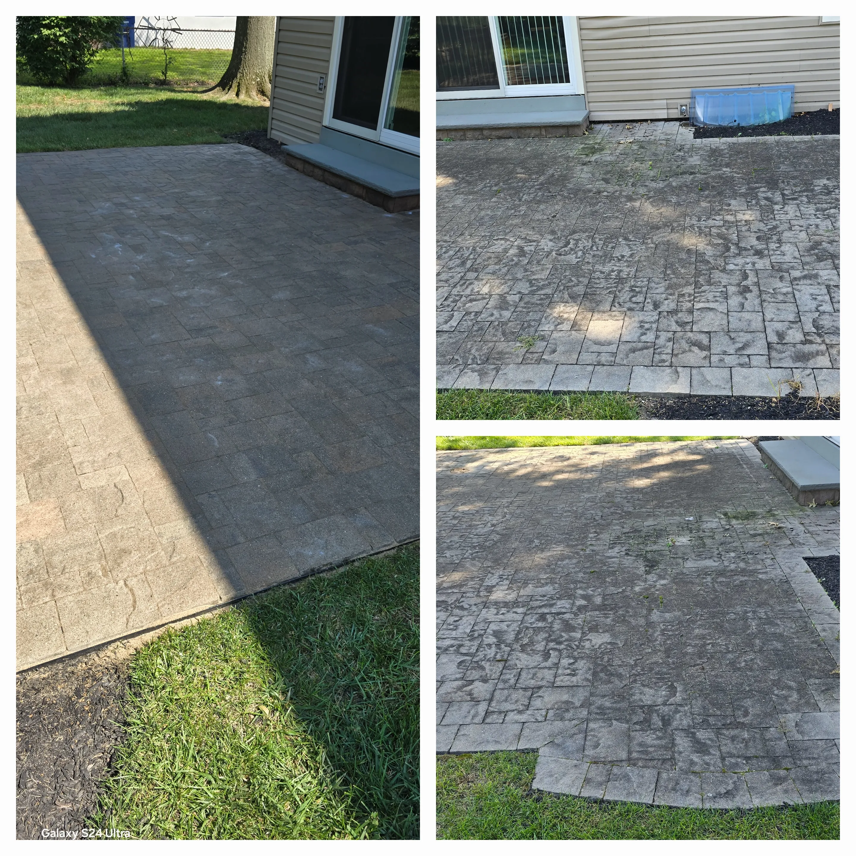 Paver patio cleaning before and after — efflorescence and heavy staining removed