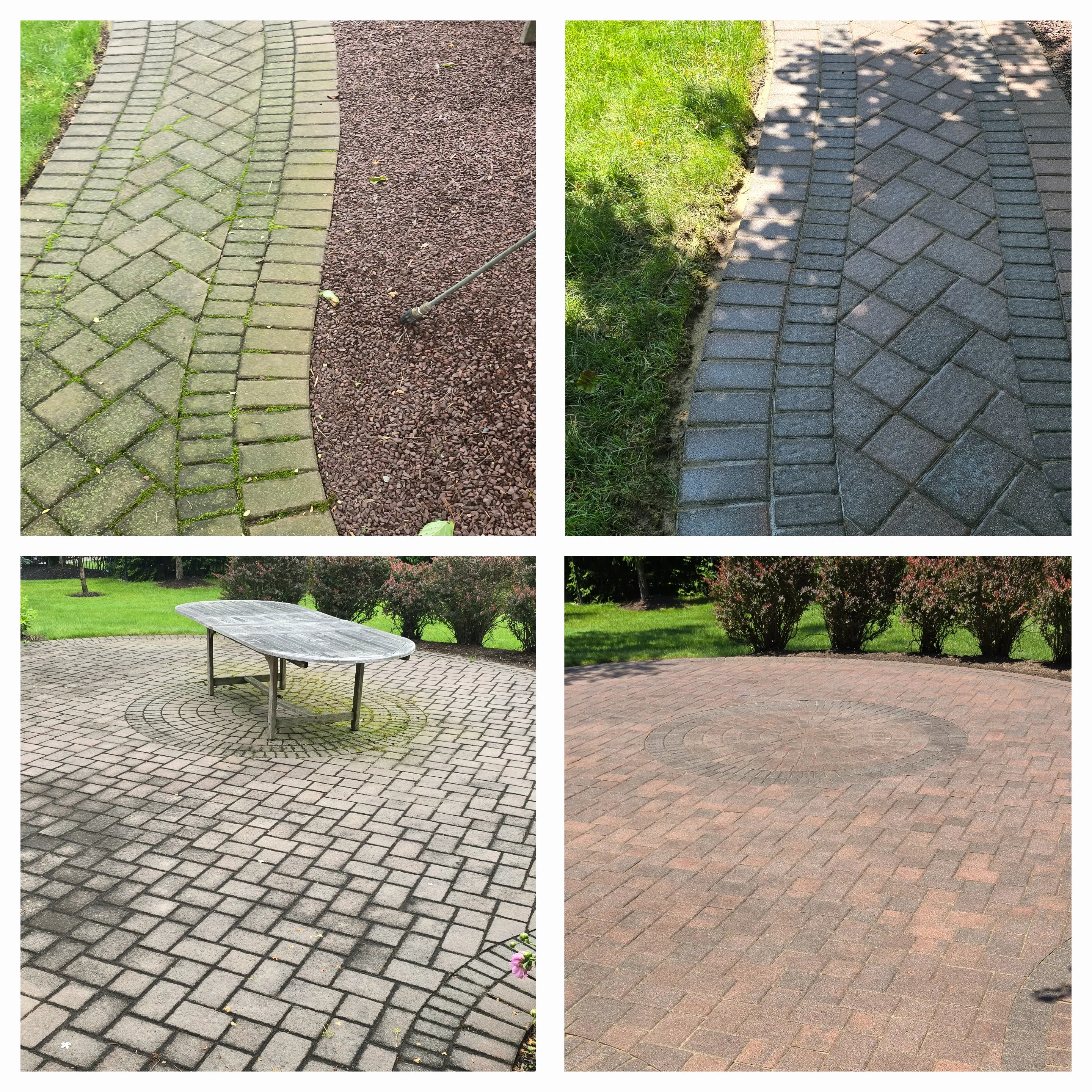 Paver walkway and circular patio cleaning before and after — moss removed from herringbone walkway and patio