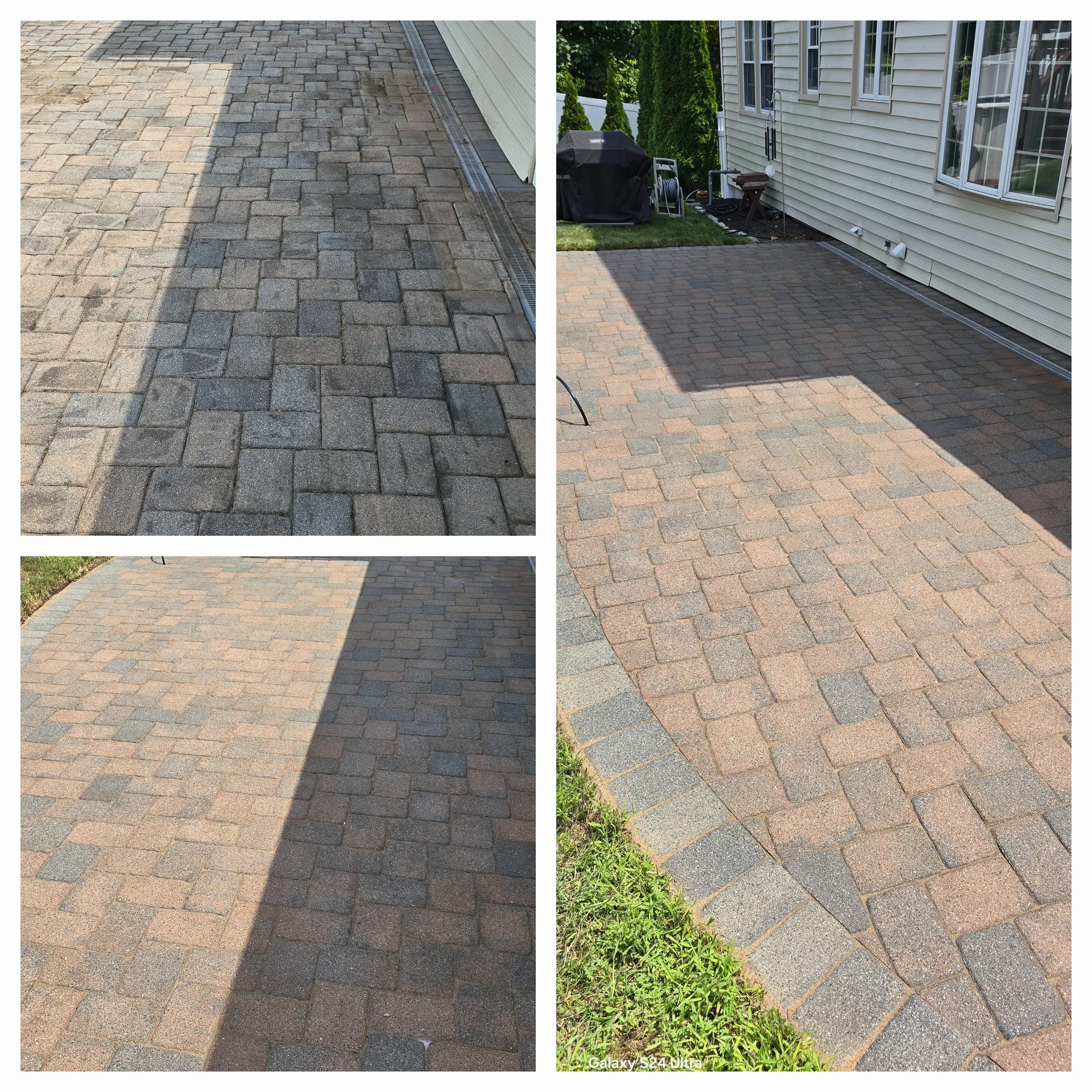 Backyard patio cleaning before and after — pavers cleaned showing dramatic transformation