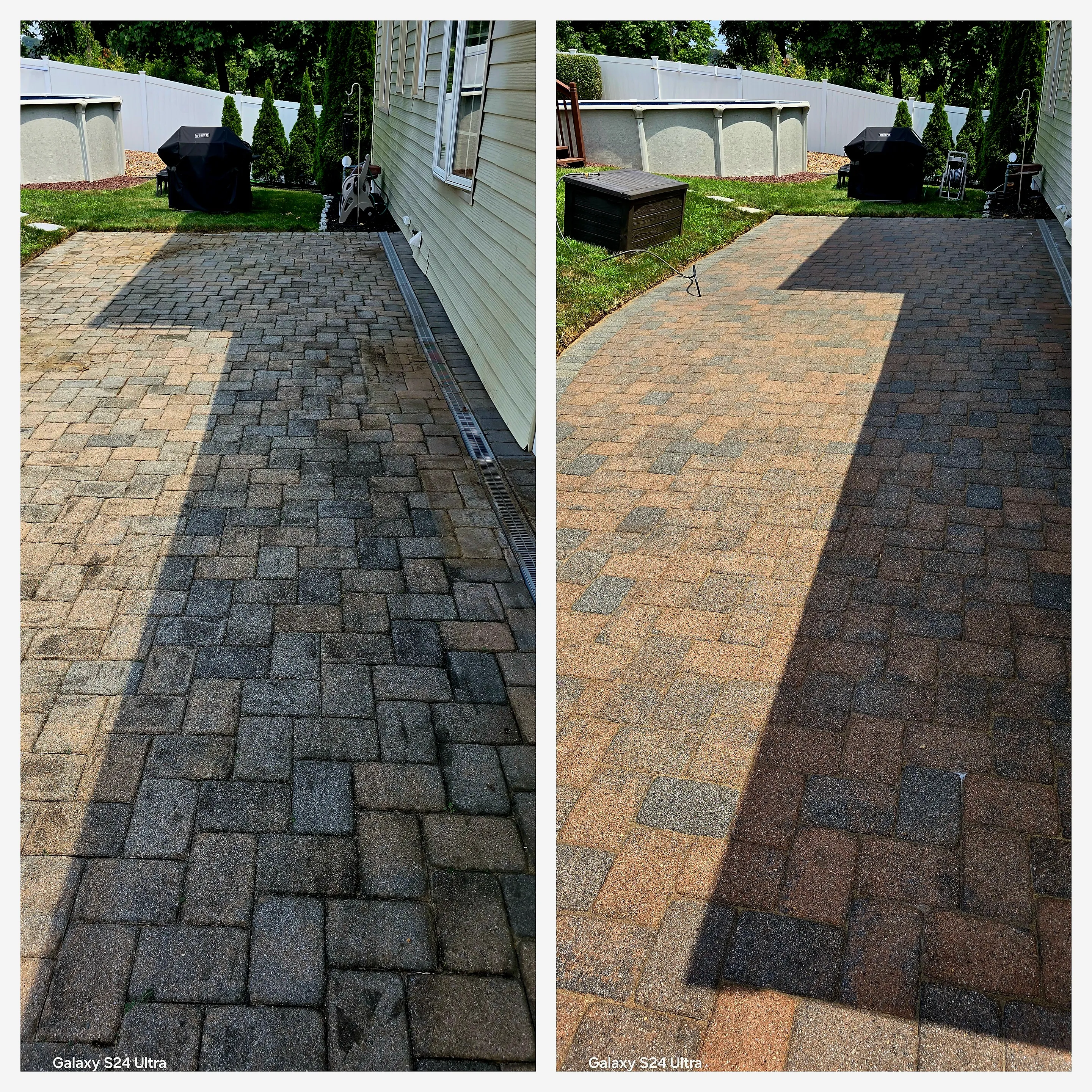 Paver patio cleaning and sealing before and after — dirty dark pavers restored to bright finish