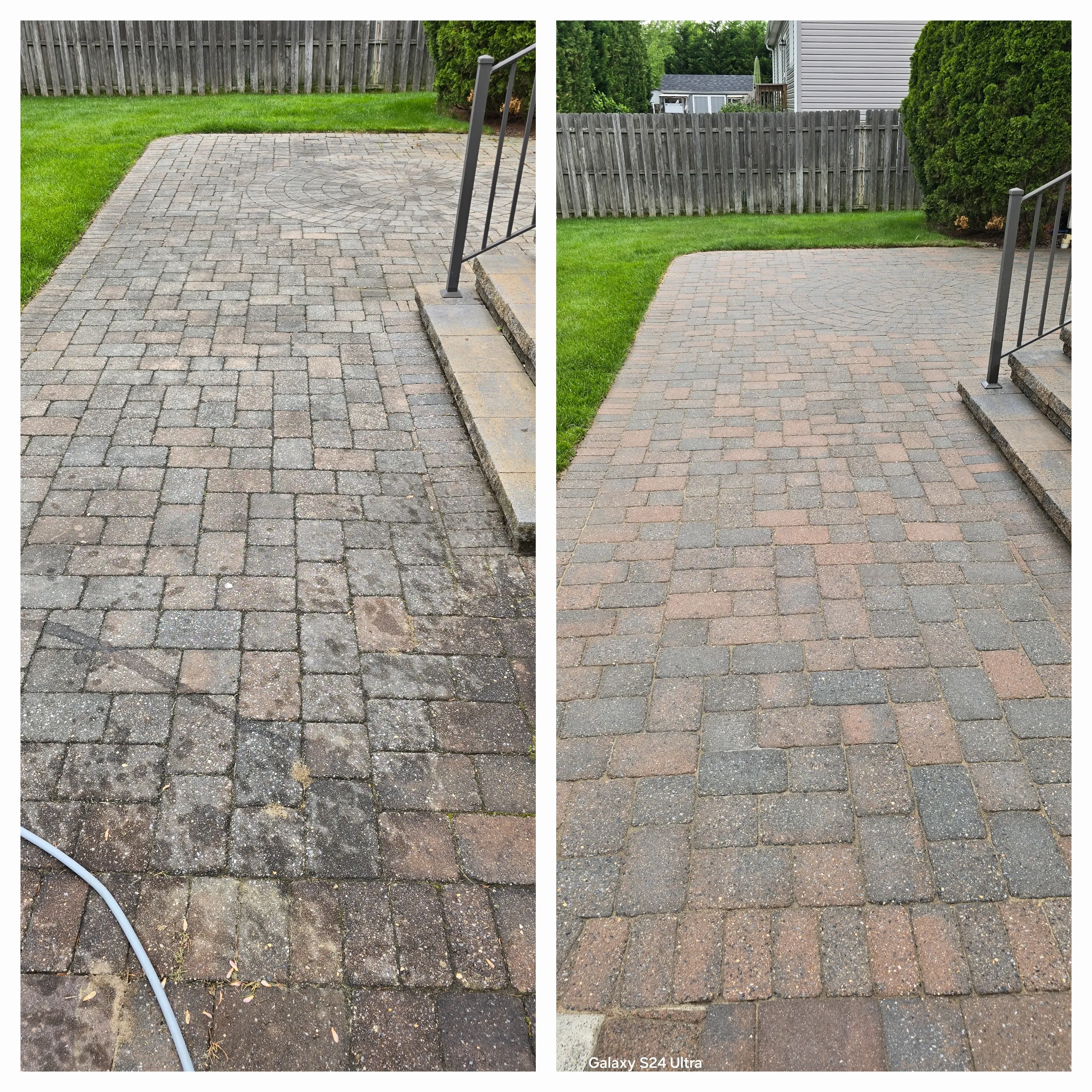 Paver walkway cleaning before and after — algae-stained walkway cleaned and refreshed