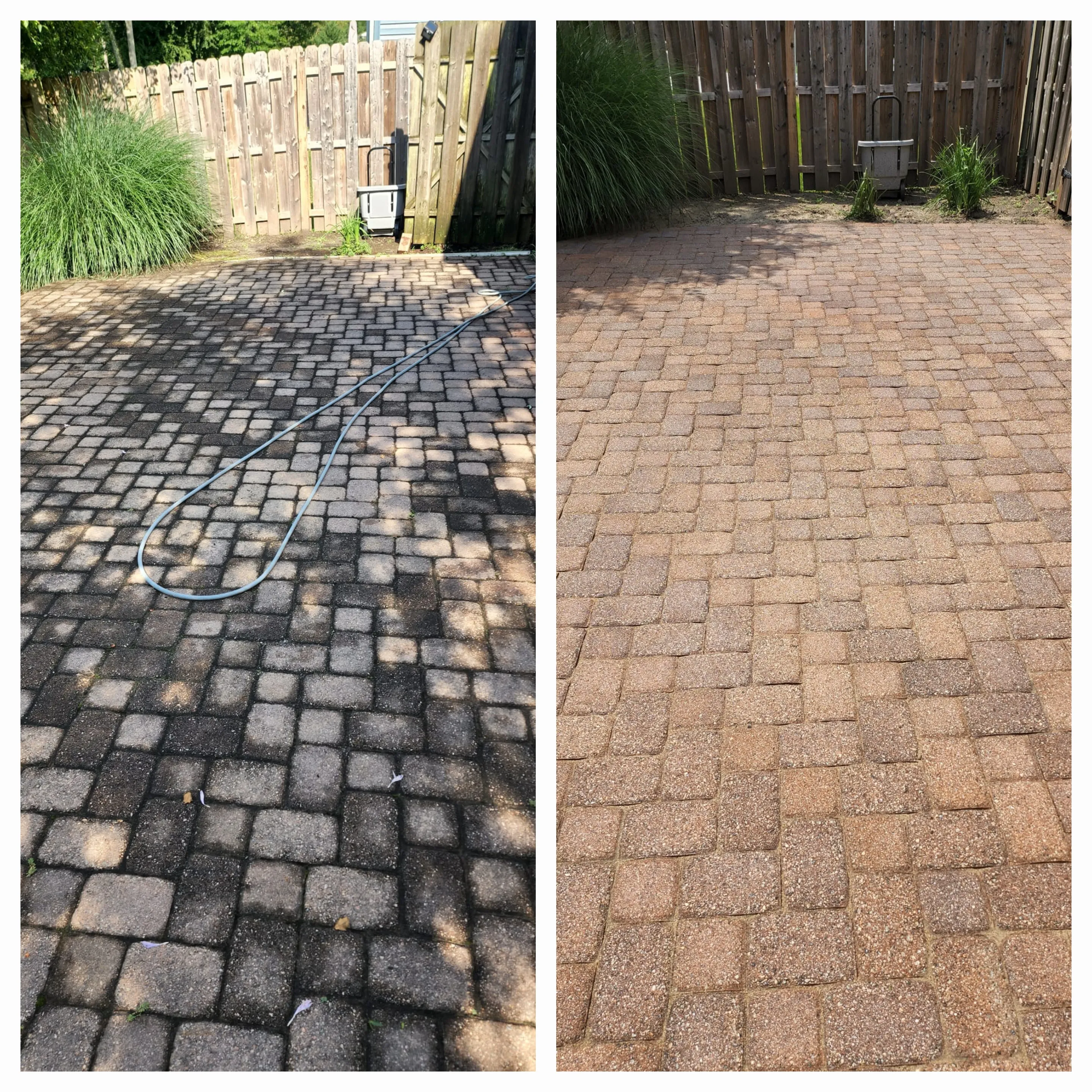 Backyard patio cleaning before and after — heavily soiled pavers fully cleaned and restored