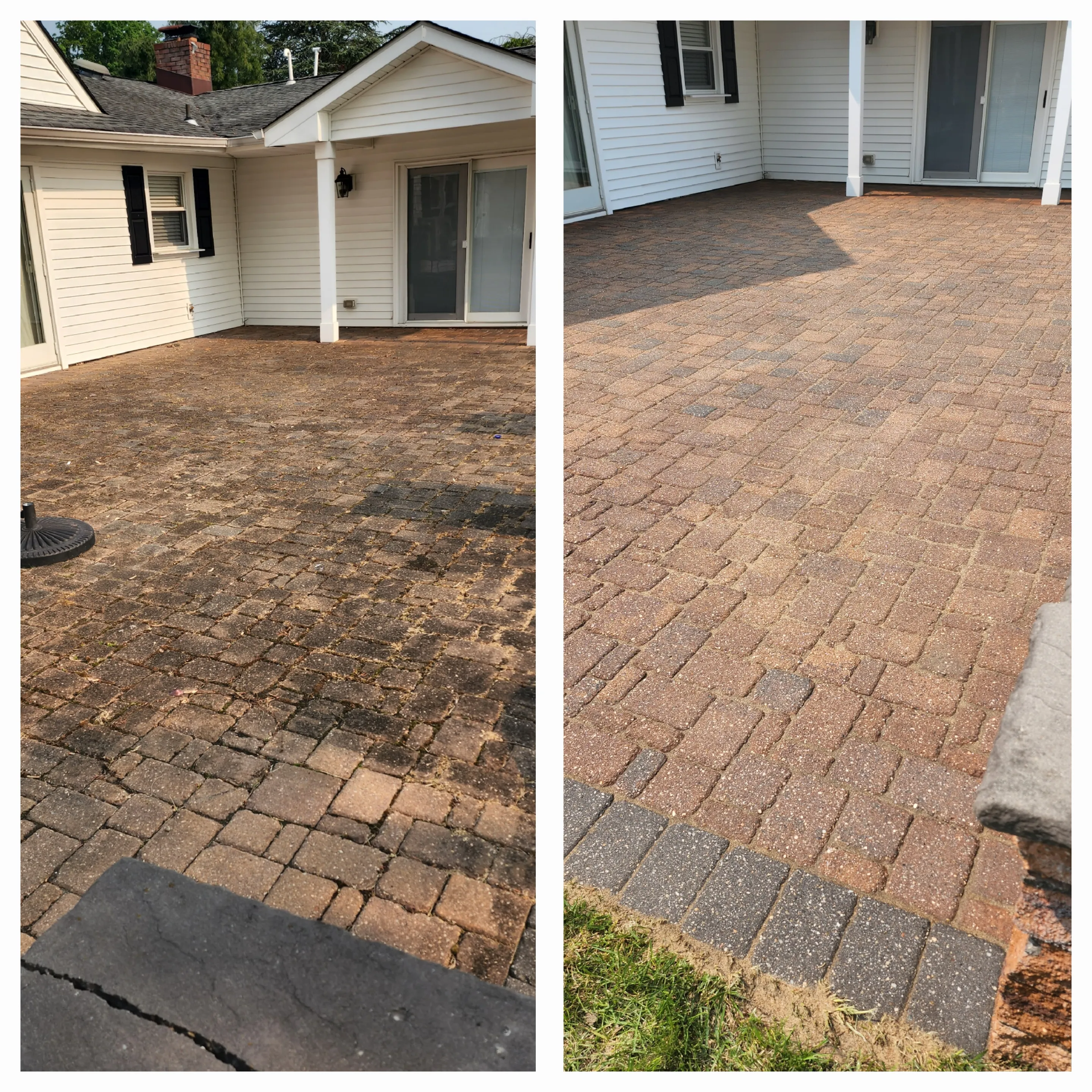 Backyard patio cleaning before and after — stained and faded pavers cleaned and brightened
