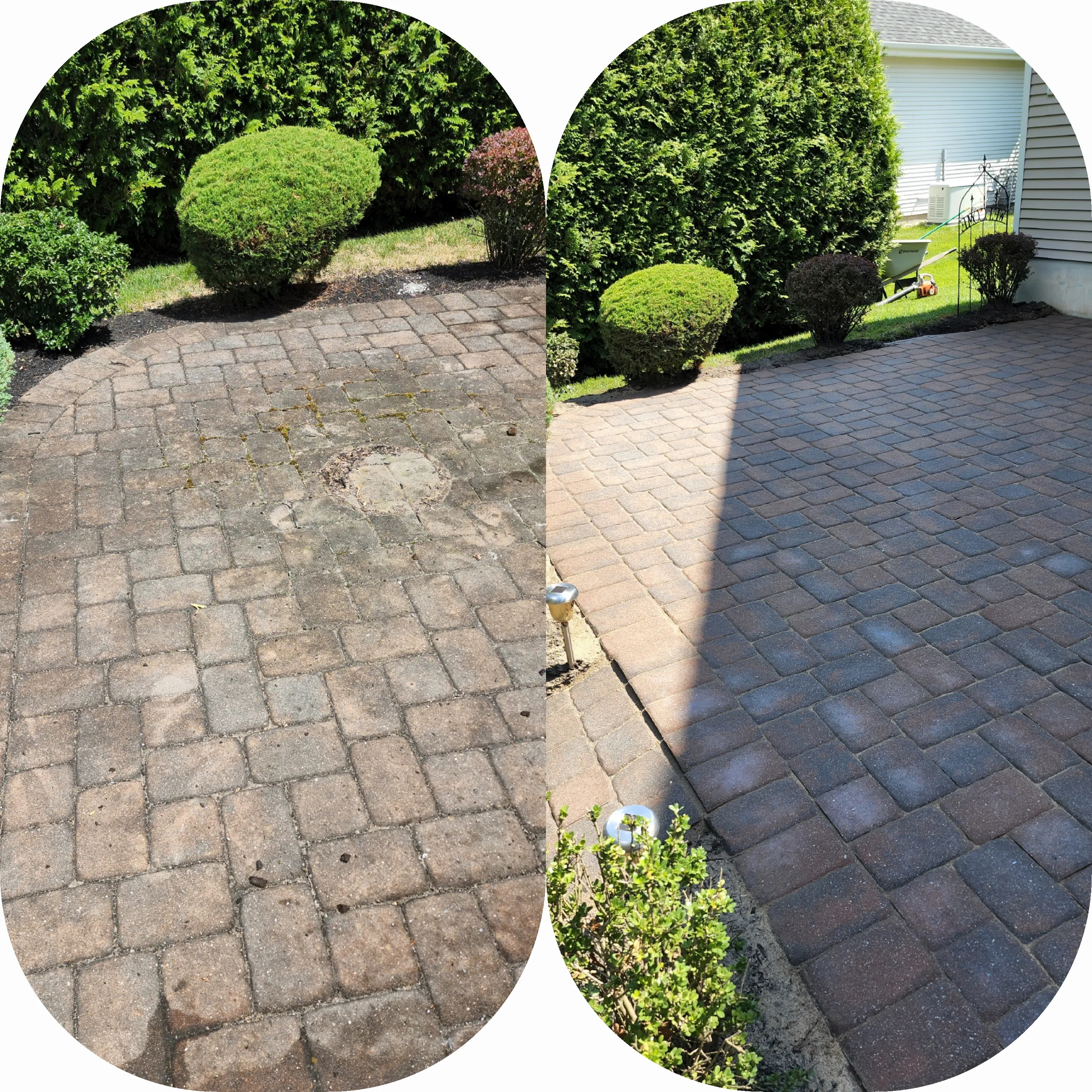Paver driveway cleaning and sealing before and after — faded pavers cleaned and sealed