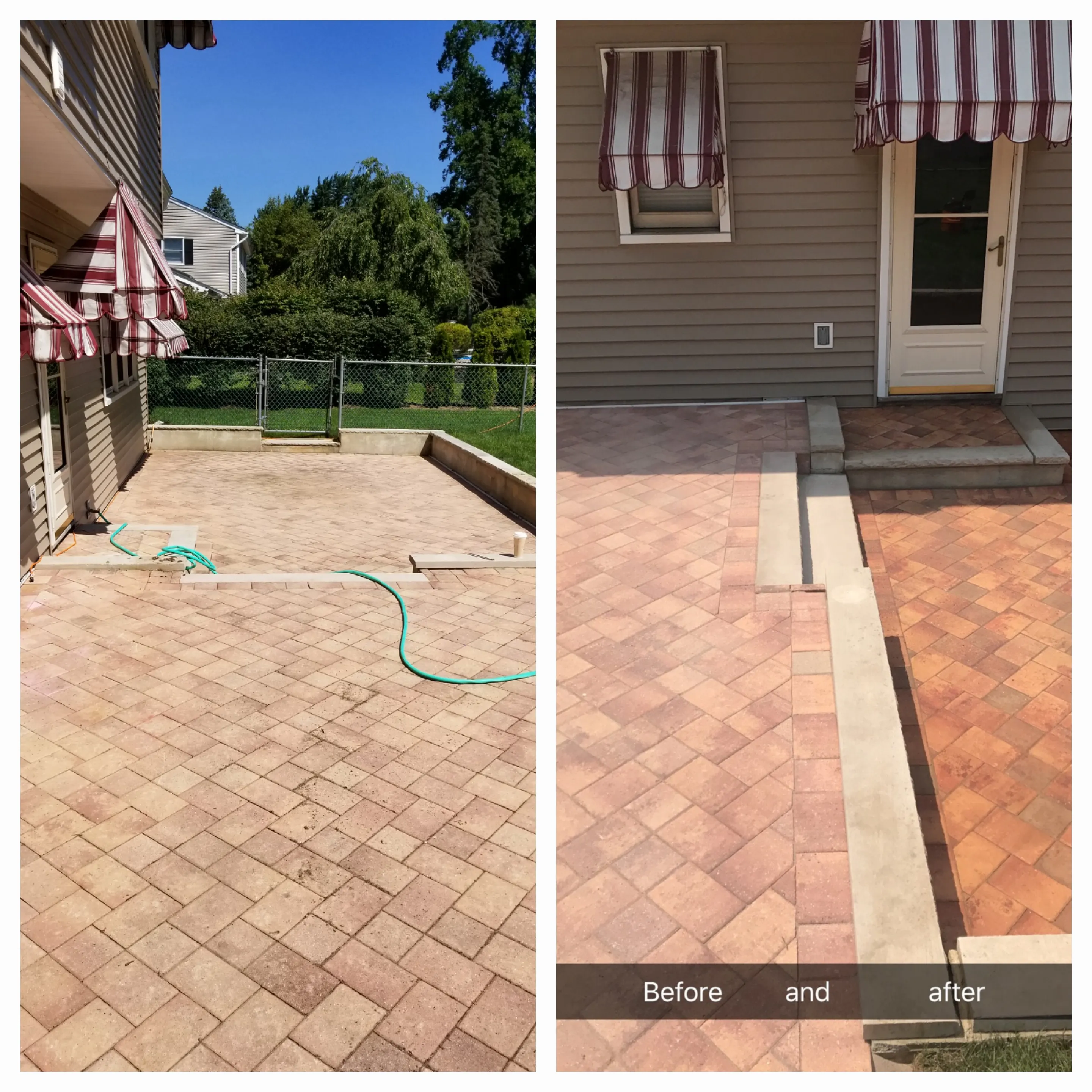 Paver patio repair and rebuild before and after — old patio demolished and rebuilt with herringbone pattern and new steps
