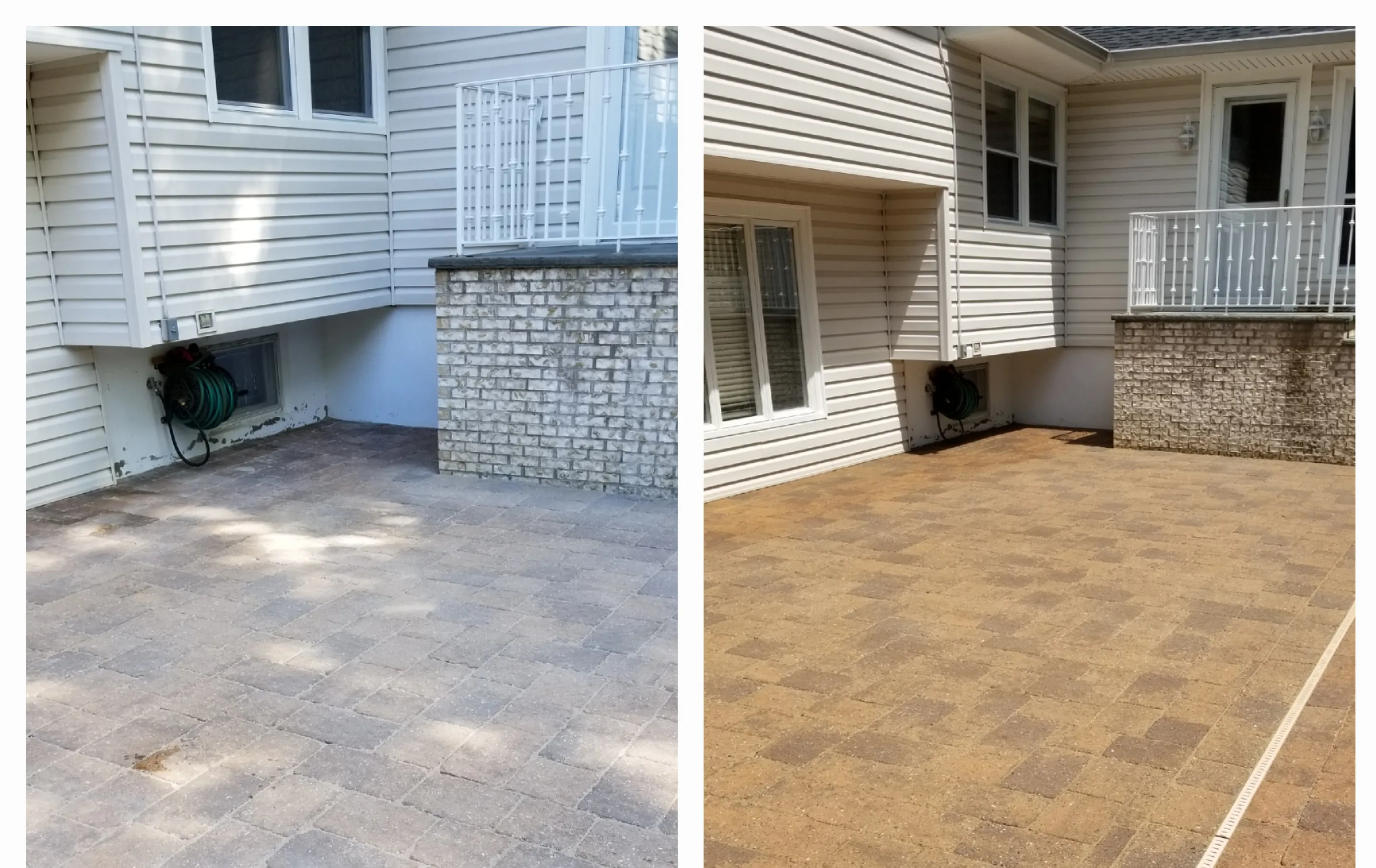 Backyard patio cleaning and sealing before and after — pavers sealed to warm golden finish