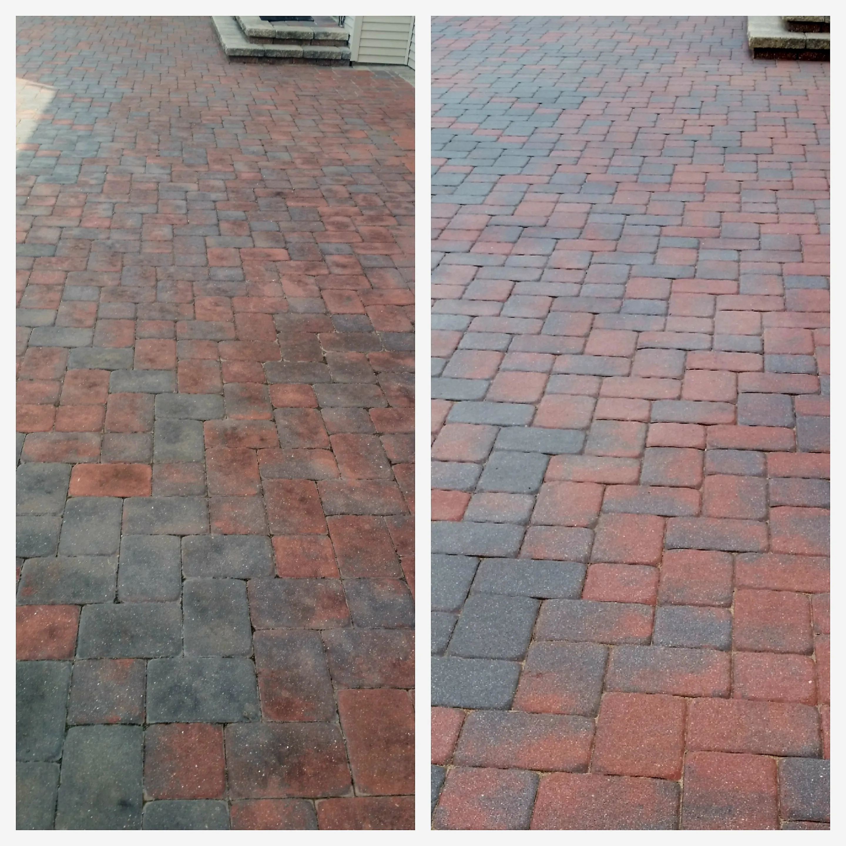 Herringbone driveway cleaning before and after — dirty red and charcoal pavers cleaned to bright finish
