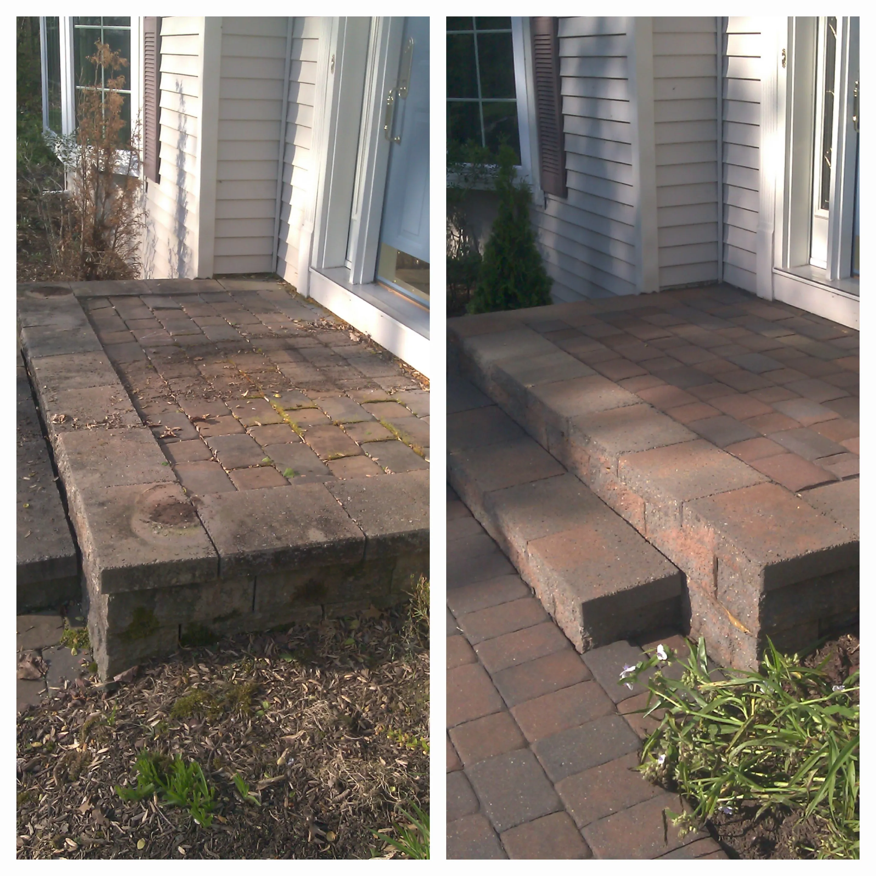 Paver stoop repair before and after — settling and mossy stoop rebuilt and stabilized