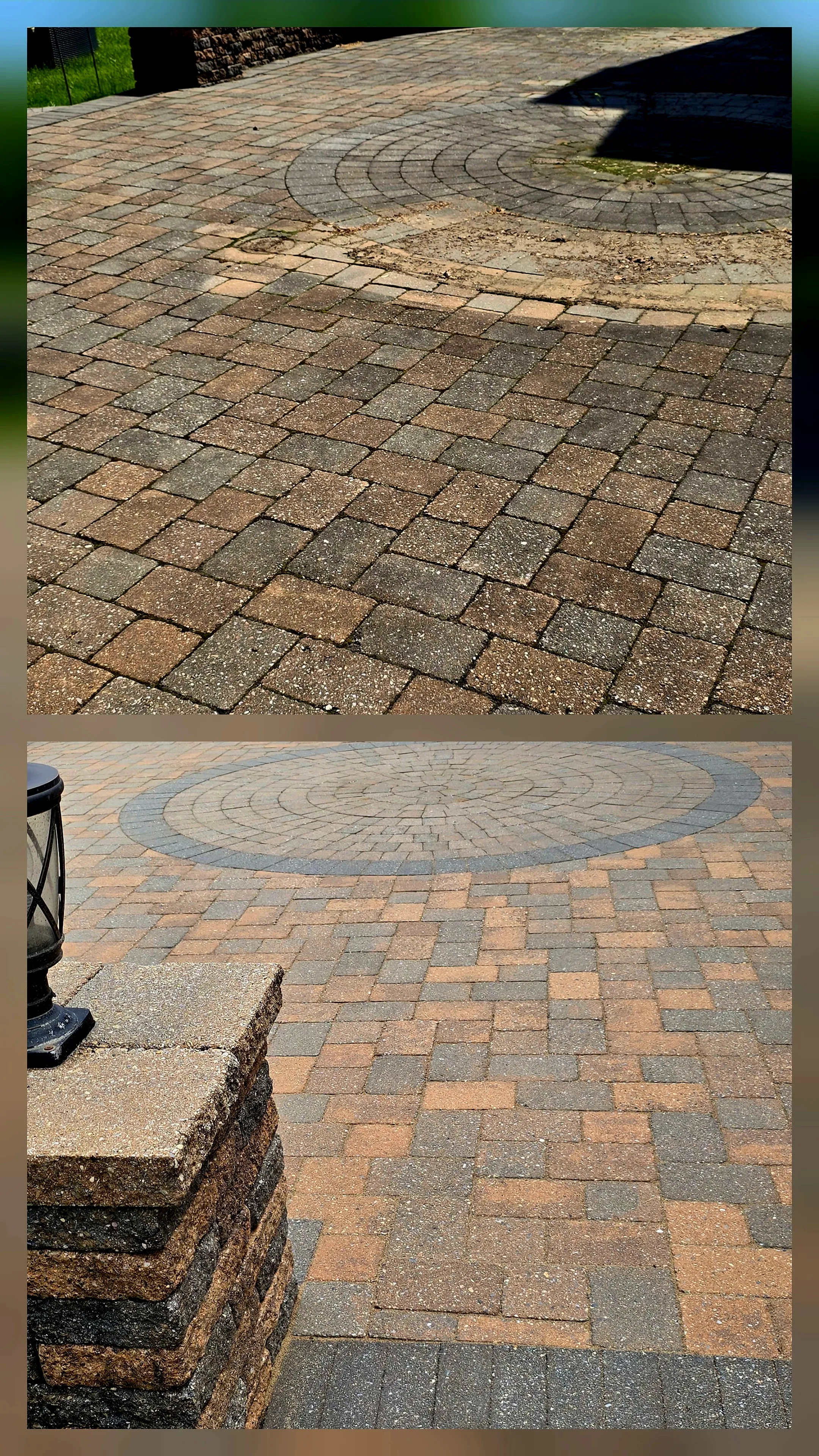 Circular patio repair before and after — sunken and damaged patio with missing pavers fully restored