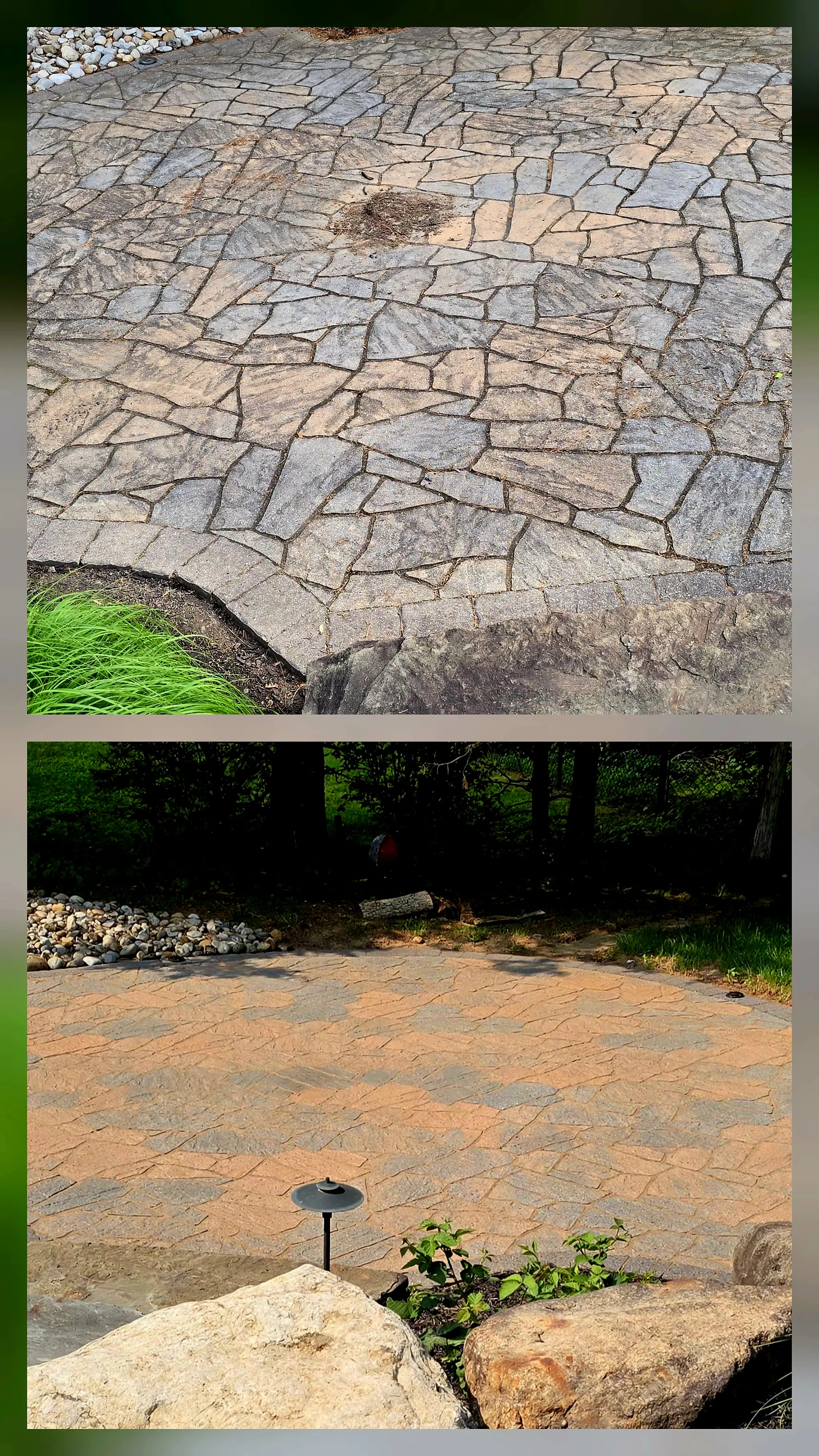Flagstone patio cleaning before and after — dirty flagstone cleaned and joints restored