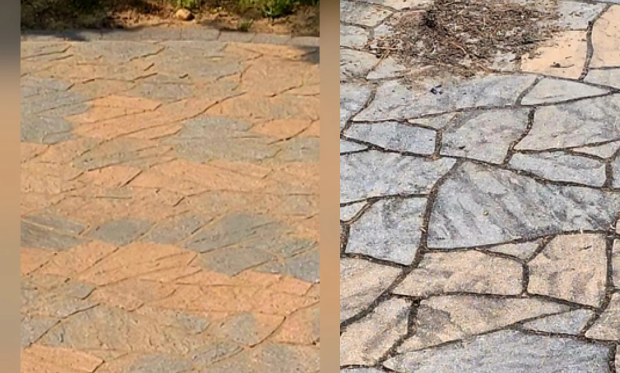 Flagstone patio cleaning before and after — sealed warm flagstone versus dull unsealed surface
