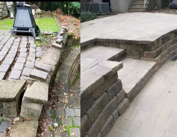 Retaining wall and staircase repair before and after — collapsed steps and walls fully rebuilt