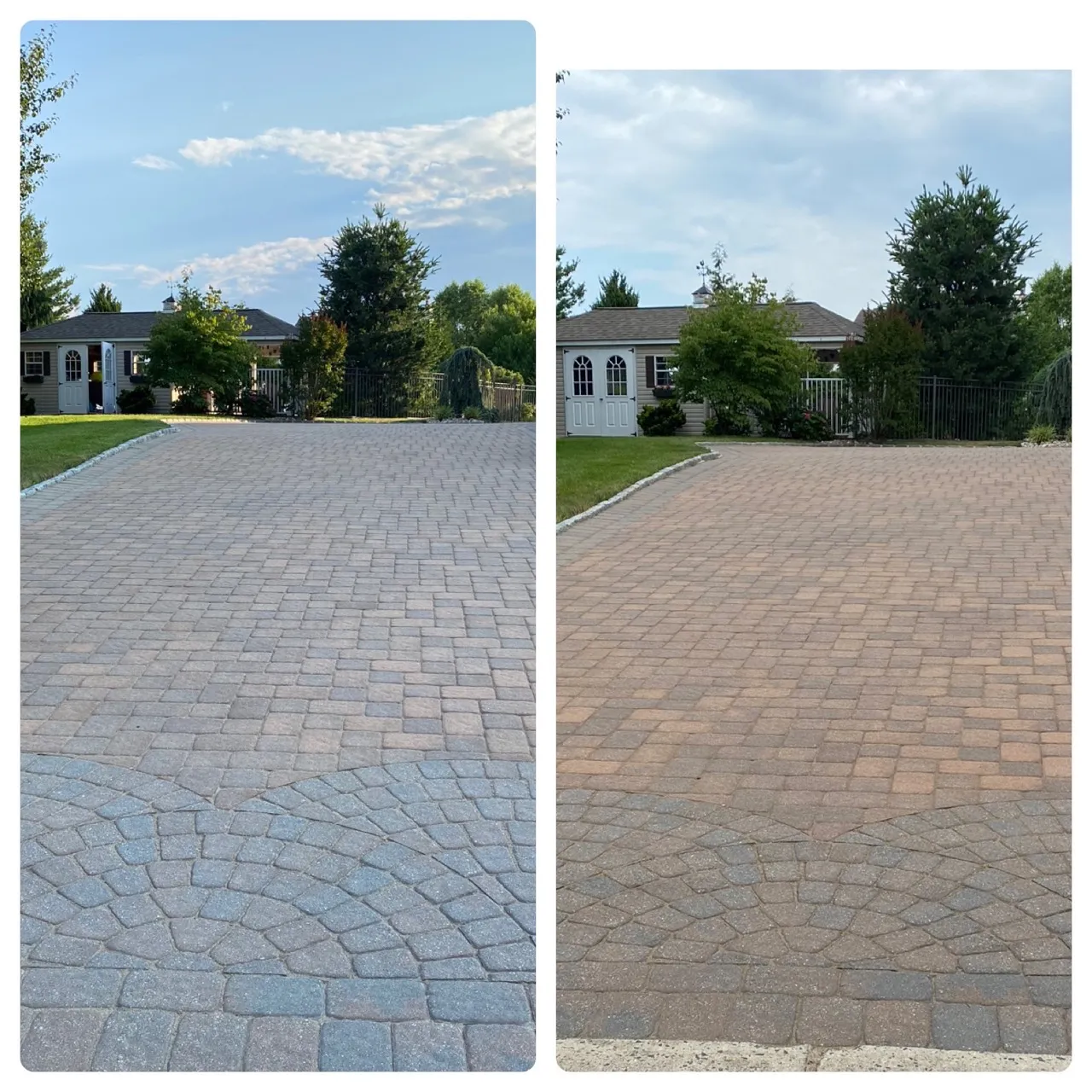 Large paver driveway cleaning and sealing before and after — gray driveway sealed to warm finish